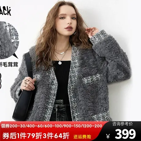 妖精的口袋拼接粗花呢皮草外套女2023冬季新款小个子宽松气质上衣图片