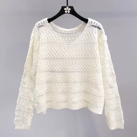 V领镂空长袖针织衫女2023年早秋新款宽松设计感洋气薄款外搭上衣图片