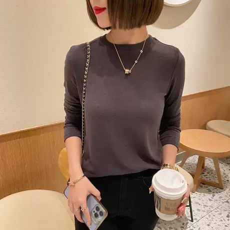 2023年秋季新款修身长袖t恤女圆领体恤衫光板弹力时尚打底上衣潮图片