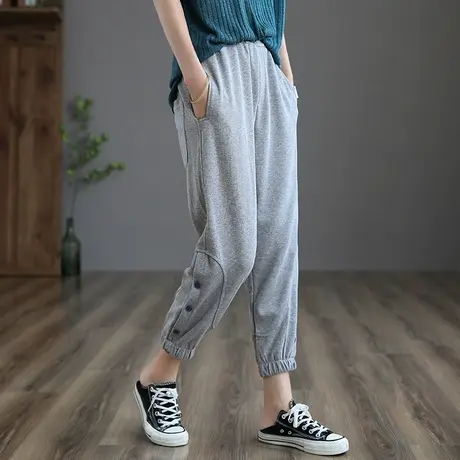 dza 高腰显瘦纯棉九分裤女士2022夏季新薄款休闲裤宽松哈伦运动裤商品大图