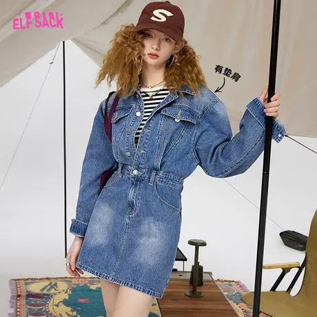 妖精的口袋一体工装牛仔连衣裙女2023夏季新款长袖收腰显瘦连身裙商品大图