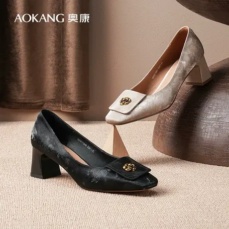 【门店发货】奥康女鞋 春新款国风中式山茶花粗跟浅口单鞋图片