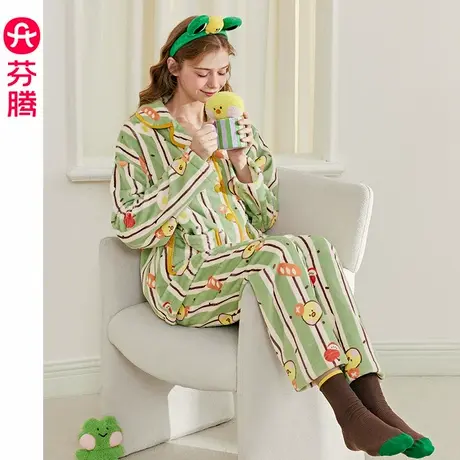 芬腾珊瑚绒女士睡衣秋冬季新款加绒加厚套装布朗熊宽松大码家居服商品大图