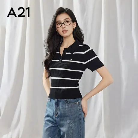 A21女装黑色直筒短袖毛针织衫简约半开翻领条纹上衣商品大图