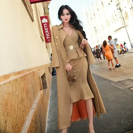 VJE秋冬季风衣女新款时尚长袖翻领中长款收腰修身外套大衣图片