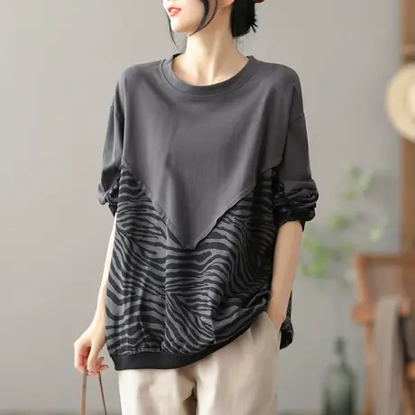 dza 短款条纹拼接卫衣女韩版宽松外套百搭春秋圆领套头薄款上衣女图片