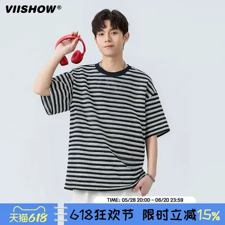 VIISHOW潮牌日系黑白条纹圆领短袖T恤男女夏季宽松情侣百搭上衣商品大图