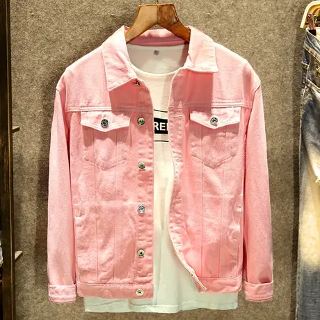 春秋款粉色牛仔外套男潮牌修身日系韩版工装衬衫外套帅气青年夹克商品大图