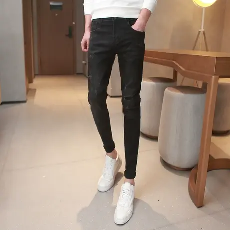 2023秋冬新品纯黑破洞小脚牛仔裤男潮流刮烂显瘦铅笔裤百搭长裤子商品大图