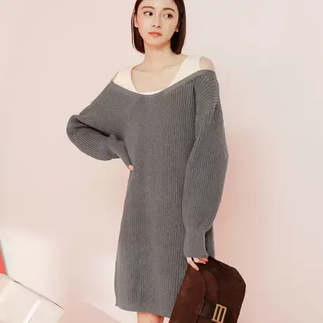 桔熊秋冬季假两件套毛衣裙子女宽松温暖露肩针织连衣裙大码FA2585图片