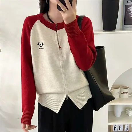 初秋穿搭拼色毛衣针织开衫外套女2024年新款拉链春秋外穿外搭上衣商品大图