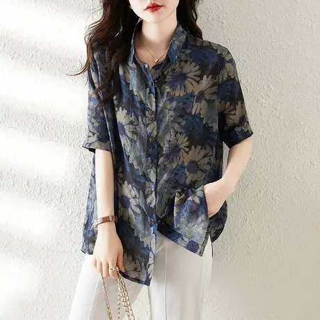 短袖衬衫女夏季新款宽松加大码女装中年妈妈休闲印花遮肚显瘦上衣商品大图