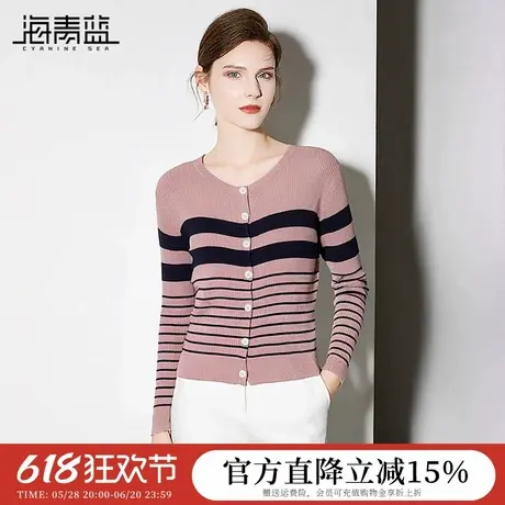海青蓝圆领撞色条纹针织衫长袖女2024年秋装新款洋气外搭开衫上衣图片