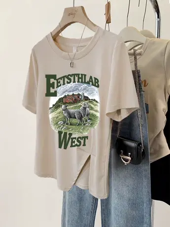 短袖女设计感小众轻熟百搭2023新款夏闺蜜装T恤潮ins大码遮肚上衣商品大图