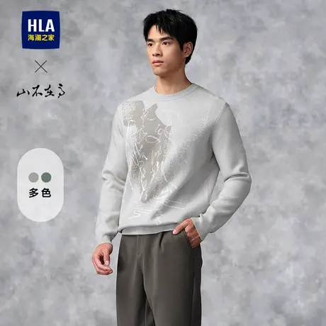 HLA/海澜之家圆领长袖针织衫2025春季新款可机洗提花毛衣上衣男图片