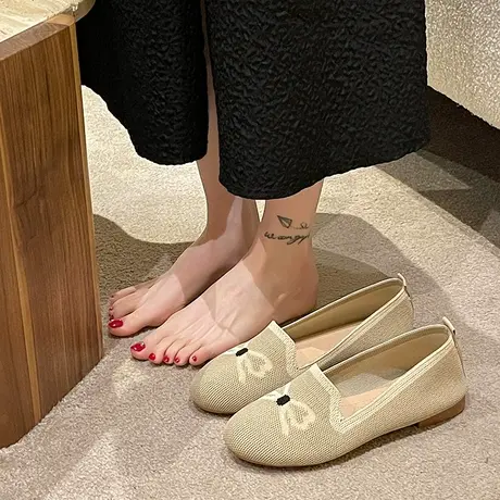 王妃单鞋女平底飞织透气不累脚通勤女鞋黑色工作鞋踩屎感豆豆鞋女商品大图