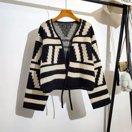 慵懒风针织开衫女2023秋冬新款宽松复古条纹撞色毛衣外套上衣加厚商品大图