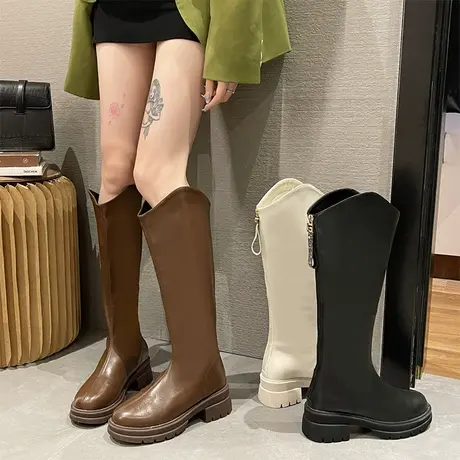 小个子长筒靴女2023新款秋季女鞋V口瘦瘦靴子复古粗跟高筒骑士靴图片