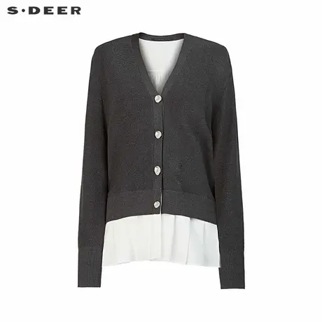 【商场同款】sdeer圣迪奥女罗纹V领绣花拼接开衫针织衫S25183502图片