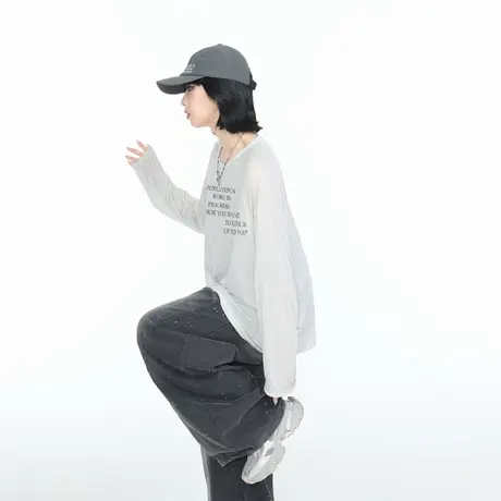 美式复古T恤女长袖夏季2025新款宽松轻薄微透防晒罩衫慵懒风上衣图片