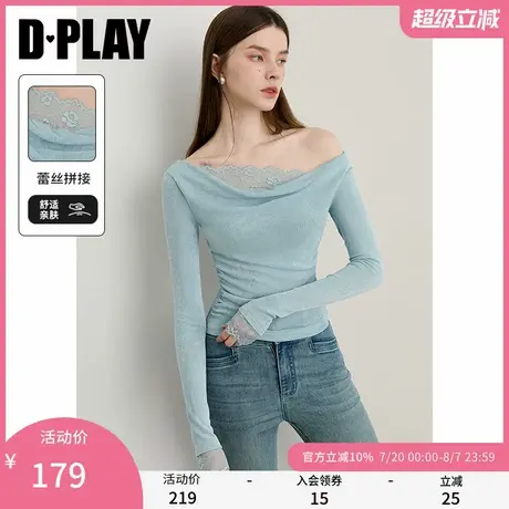 DPLAY2025年秋季新款蓝色t恤女好看独特荡领拼接蕾丝长袖上衣商品大图