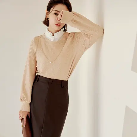 桔熊秋冬季通勤纯色立体暗纹珠链圆领长袖温暖上衣女大码AB16555商品大图