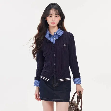 尔给秋冬修身显瘦毛衣女长袖时尚复古设计感气质百搭开衫针织衫商品大图