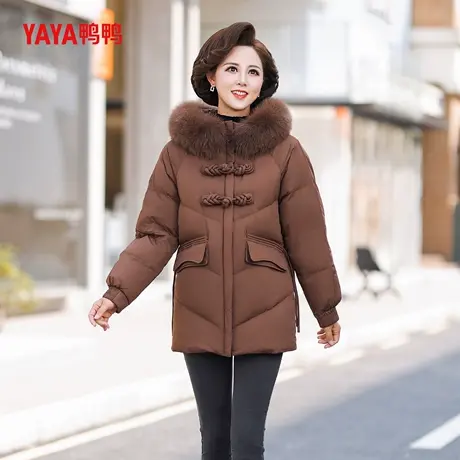 YAYA鸭鸭中年妈妈羽绒服女中长款狐狸毛领连帽冬装中老年加厚外套商品大图