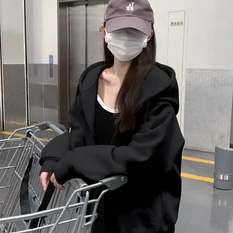 NOW真维斯黑色连帽卫衣女2025春秋新款小个子宽松高级感开衫外套商品大图
