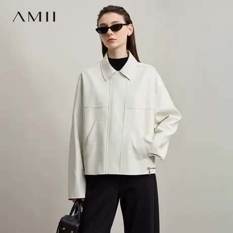 Amii2025秋新款极简老钱风翻领宽松PU皮革拉链落肩长袖皮衣外套图片
