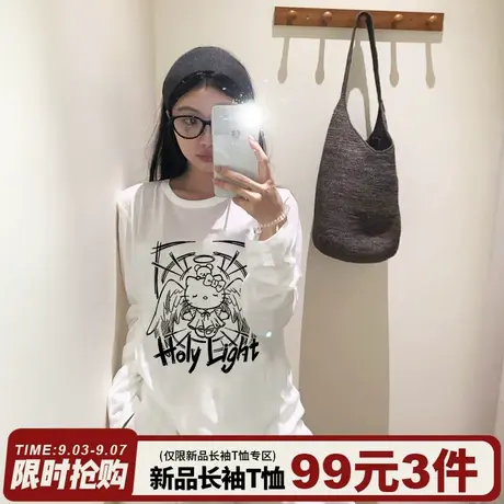 超火ins风甜酷设计感Kitty猫印花白色长袖t恤女2025新款正肩上衣商品大图