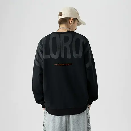 男士黑色卫衣美式高街男春秋款2023年新款圆领印花上衣长袖打底衫商品大图