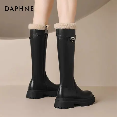 达芙妮黑色长筒靴女秋冬加绒靴子毛毛棉靴法式高筒长靴毛绒雪地靴商品大图