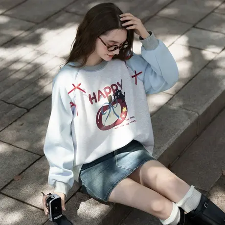 唐狮秋冬款卫衣女插肩袖印花圆领卫衣高级感秋装穿搭精致TMTA图片