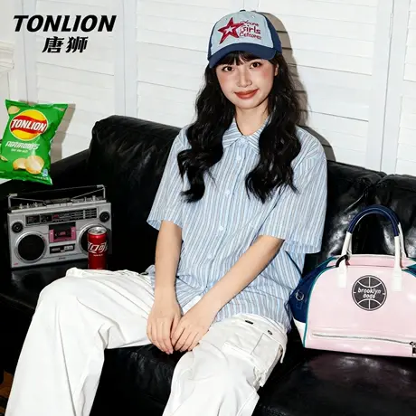 唐狮官方蓝色条纹短袖衬衫女款2026夏季正肩衬衣通勤穿搭上衣女VB商品大图