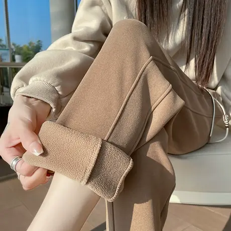 灰色毛呢运动裤女秋冬季高腰显瘦休闲束脚防风裤宽松灯笼加绒卫裤商品大图