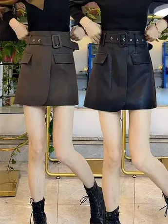 高腰皮裙女秋冬季2023新款a字显瘦口袋包臀半身裙PU花苞短裙子潮图片