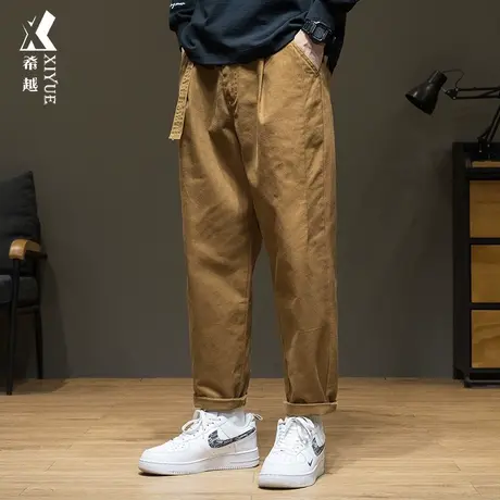 希越棕色直筒休闲裤子男2023秋冬多口袋纯棉工装裤宽松大码锥形裤商品大图