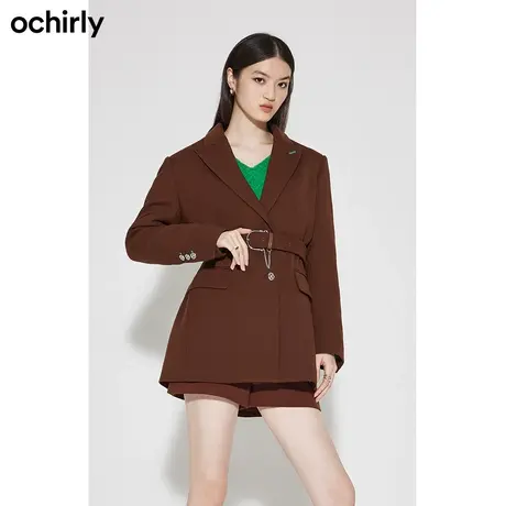 黑标系列欧时力 精纺呢西装外套女 新款春装英伦大衣中长配腰带图片