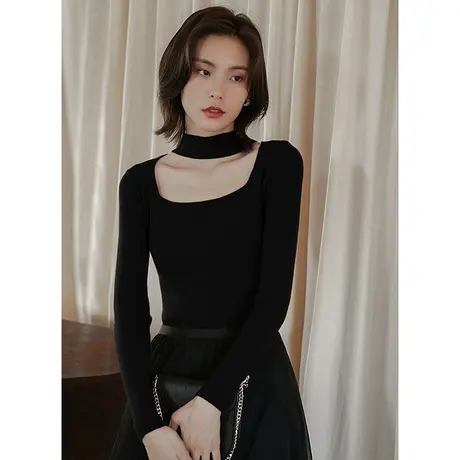 弥古黑色低领毛衣打底衫女秋冬高级感内搭红色方领针织衫挂脖上衣图片