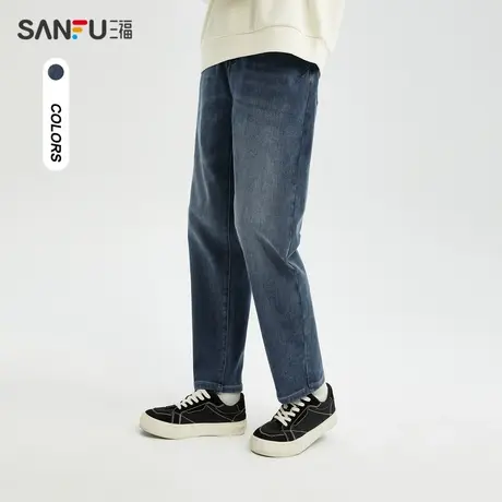 三福2023冬男士直筒磨毛加厚牛仔裤 时尚休闲保暖长裤男477872商品大图