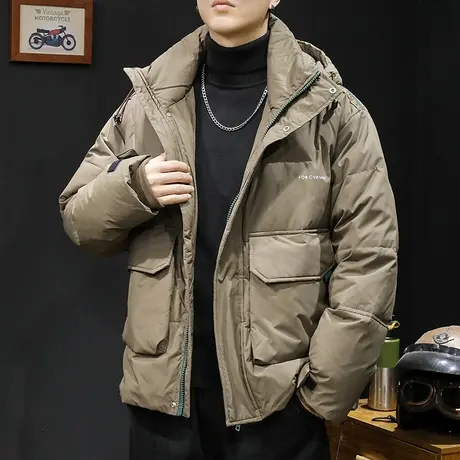 白鸭绒羽绒服男冬季连帽2023新款潮牌大码男士工装外套带轻薄保暖商品大图