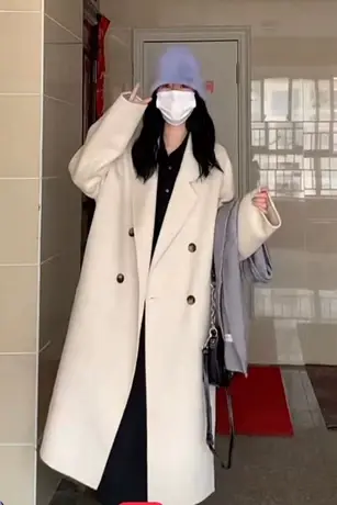 纯诗曼高端韩版茧型通勤双面羊毛大衣女中长款西装领宽松毛呢外套图片