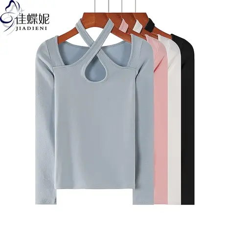 秋冬新款挂脖性感纯欲纯棉纯色修身显瘦露肩长袖体恤上衣女打底衫商品大图