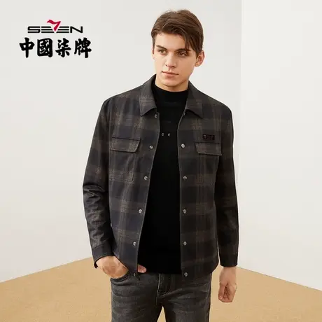 柒牌男装夹克2021秋冬新款青年时尚休闲撞色格纹工装外套夹克衫男图片