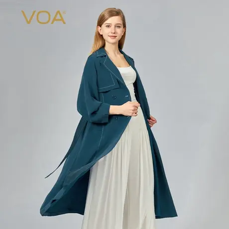 VOA30姆米重磅桑蚕丝蓝色翻领长袖收腰双排扣斜插袋显瘦长款外套商品大图