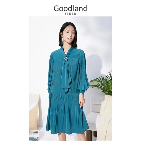 Goodland美地女装冬季长袖气质收腰泡泡袖百褶连衣裙图片