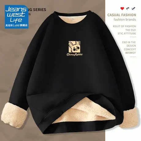 真维斯LIFE黑色加绒卫衣女2023新款韩系慵懒休闲厚款外套oversize商品大图