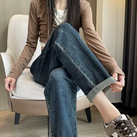 高腰直筒牛仔裤女春秋2024新款大码九分小个子胖MM宽松显瘦哈伦裤商品大图