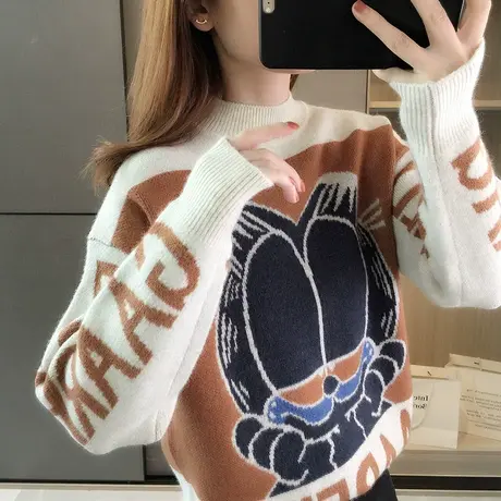 秋冬季新款套头半高领毛衣女宽松针织衫学生打底衫卡通上衣外穿图片